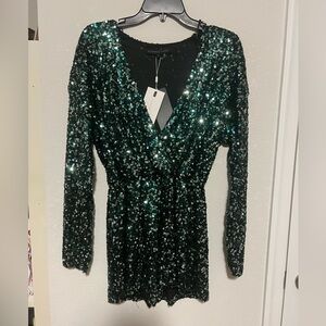 NWT Endless Rose Green Sequin Long Sleeve Wrapped Romper Shorts